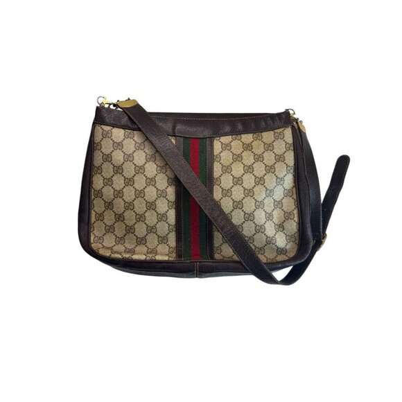 Vtg GUCCI Shoulder Bag Sherry Line GG Canvas Brown Leather Unisex - Picture 2 of 8